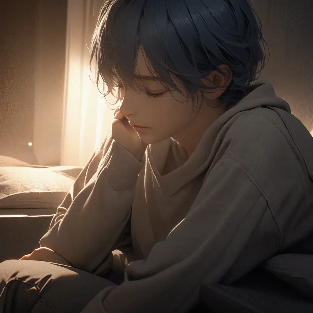 Boy in a white sweatshirt, in white pants and blue hair, he sits with insomnia and tries to sleep at night