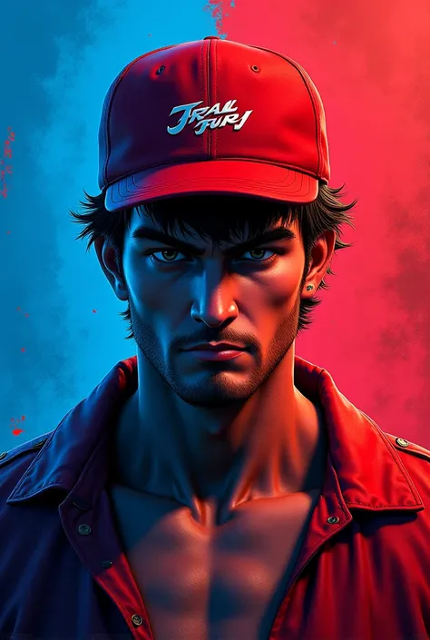 Blue and red wallpaper with Terry Bogard and his Fatal Fury cap