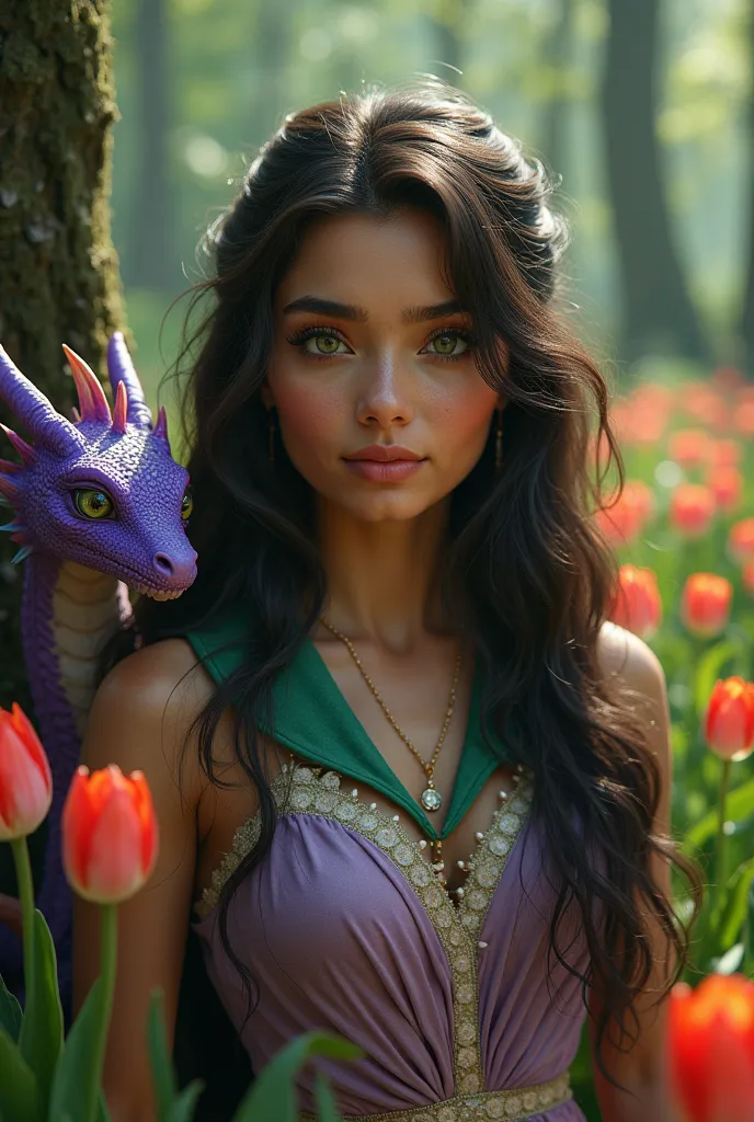 White woman, latina, big oval eyes, long hair,  with dress , collar esmeralda, in a forest with some tulip plants, next to a purple dragon