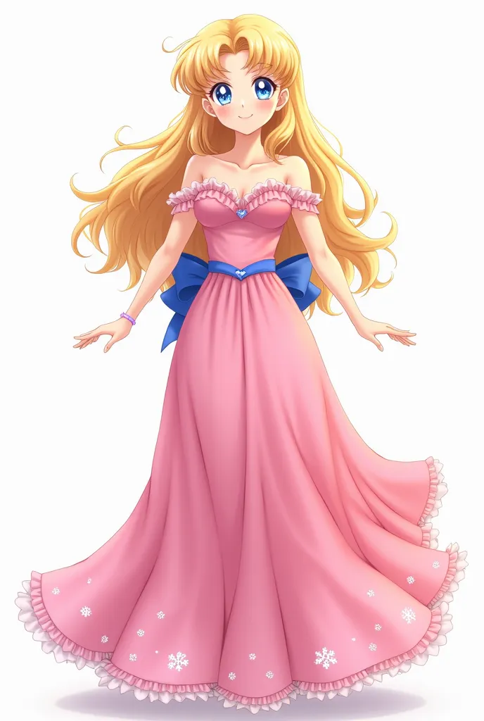 Make a high resolution image of Serena Tsukino Young Adult From The Sailor Moon Anime With Long Yellow Loose Wavy Hair And Chunges With Bows Wearing A Beautiful Pink Heart Neckline Dress With Ruffles And Bare Shoulders The Long Skirt With Lots Of Holans An...