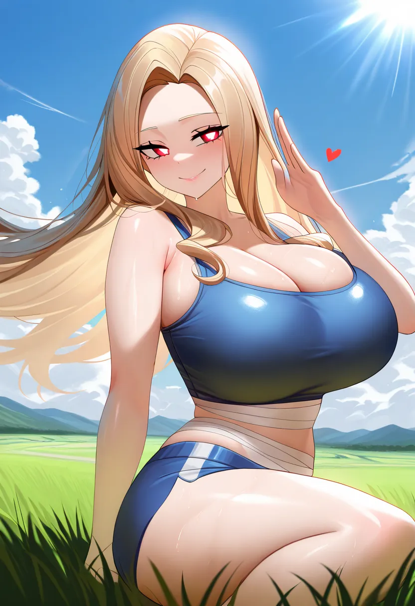  masterpiece ,  bandages , new ,  a girl,   looking at the spectator  ,   ,
monte_dama,  red eyes,  blond hair ,   long hair,  pierce hair,  Shiny pupils ,
  big breasts , Lips,  smile, heart with fingers , 
 outdoor, grass, landscape, cloud,  sunlight , f...