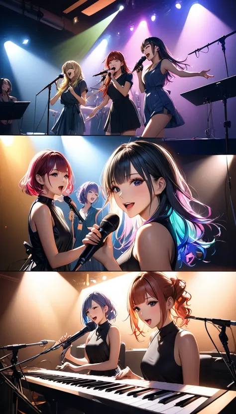 Three pretty girls from a Japanese girls group, singing in front of a microphone in a recording room