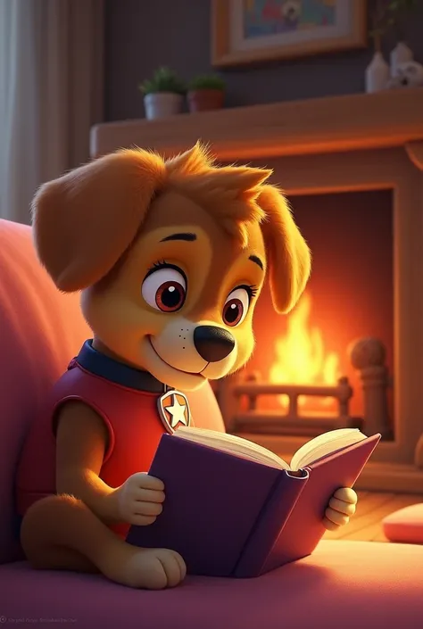 PAW Patrol is reading in a living room. He is alone . There is a fireplace. dessin pour enfant