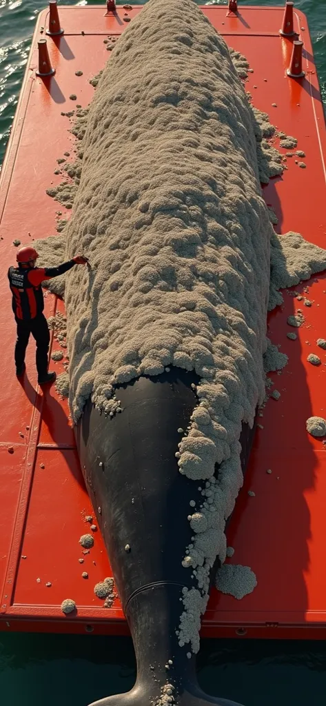 A striking top-down view of a massive whale lying on the red deck of a vessel, its skin covered in dense clusters of barnacles. A marine worker, dressed in a red and black protective suit, is seen carefully scraping off the barnacles, revealing the smoothe...