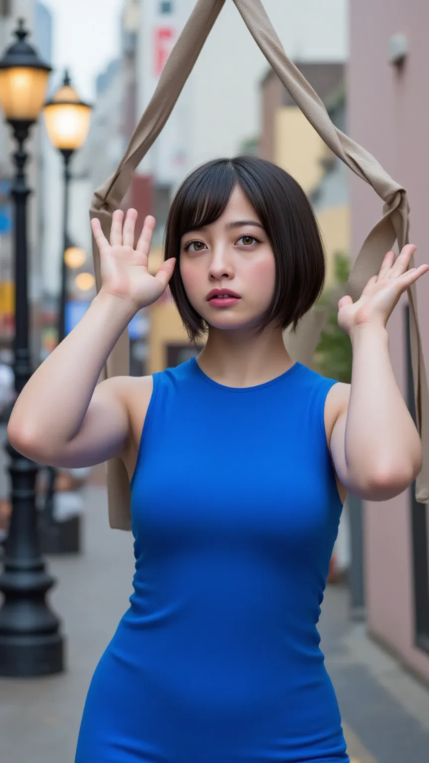 (high quality, masterpiece,  exhaustive), city  exhaustive scenario, city  exhaustive background, ( x shaped pasting stand ), (raise your hand,  expand hands, Stock pose:1.6), 1 girl,  black hair、short bob、bangs、 Full Body Blue Bodysuit,  sleeve, perfect f...