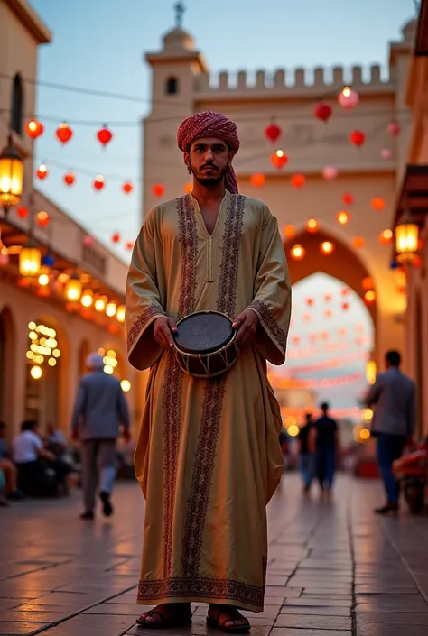 The *Musahrati* stands proudly in front of Bab al-Yemen, the iconic gate of Sana'a, dressed in traditional Yemeni attire. He wears a long, flowing *thobe* with intricate embroidery, paired with a *jambiya* (dagger) at his waist, symbolizing his cultural he...