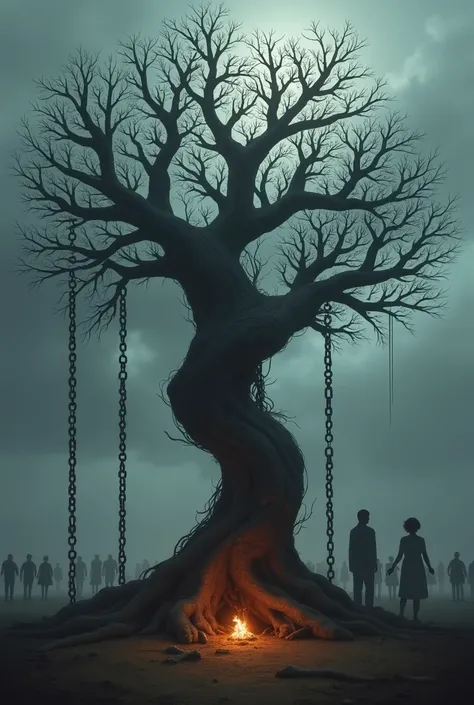 Image of a tree with deep roots, but with dry branches and leaves, representing the weight of curses and blockages passed down from generation to generation. On the trunk of the tree, there are chains that connect family members, symbolizing the continuity...