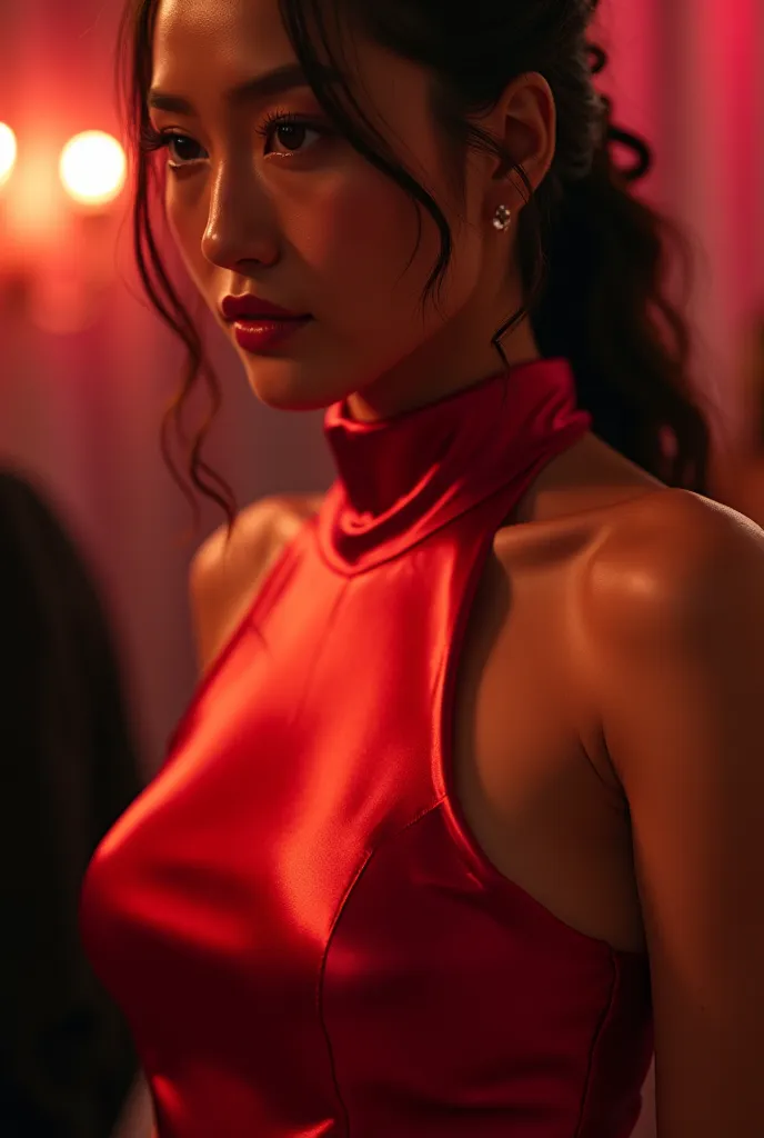 The background is a wedding after-party:1.5、]((tight fitting formal stage outfit 、shiny metallic red high neck sleeveless satin seamless super stretch dress))、side view, ((Close up armpit :1.5))、Ultra Fine Garment Wrinkles 、((sweaty armpits、 shiny skin:1.5...