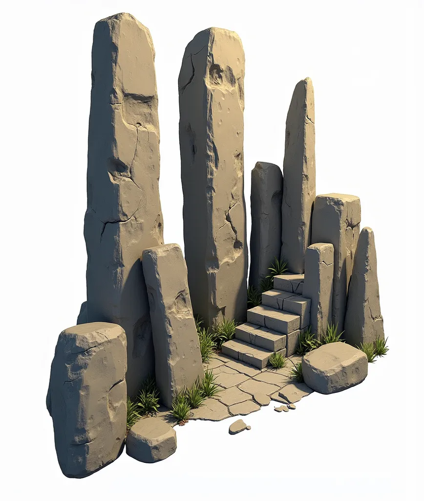 Drawing of archaeological stones, renderização prop 3D game dev, fundo branco, render-setting denoise, uhd, obra-prima prop 3d