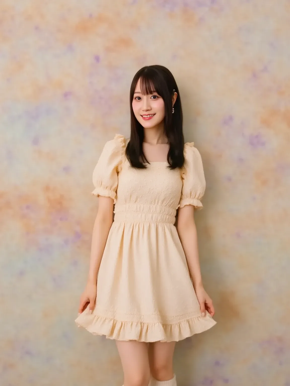 "Portrait of a cute Japanese woman wearing a stylish dress and knee-high socks. She has long black hair and is smiling gently, standing in a serene, softly lit environment. The dress is pastel-colored with delicate lace details, and the knee-high socks are...