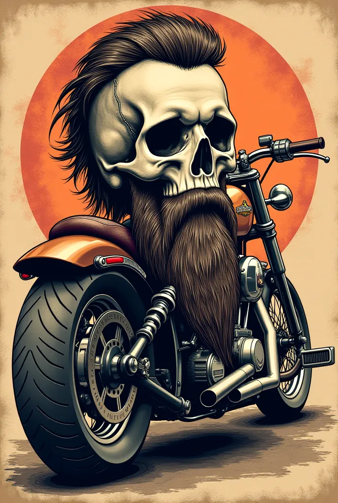 Create the traditional American style tattoo design of a skull with hair styled with Vaseline and a long beard on a motorbike 