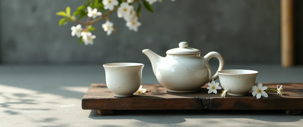 flat view filter effect。 the morning light was weak ，Bamboo shadows，On the tea table This original porcelain stoneware(A teapot Two cups straight arrangement)，is a ceramic kiln remnant，Flat wood table(Zen style white plum blossom on rough dark wood table)上...