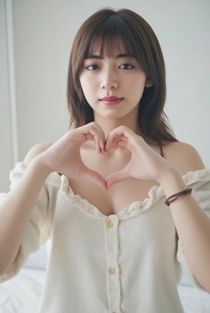  1 woman with a cute smile、I'm wearing sexy clothes 。,  fluffy off-shoulder pajamas,  Making a big heart with both hands , Hold it in front of your chest , View above the collarbone、  has a monotone background  

