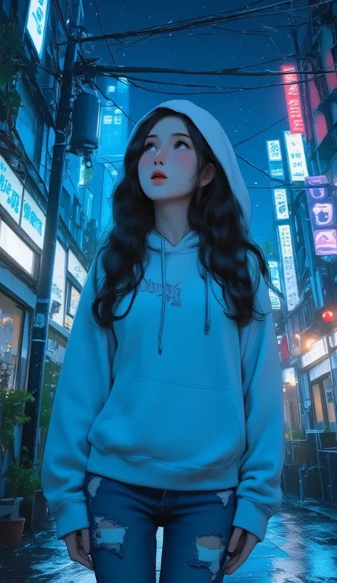 A full body shot of a beautiful girl with dark wavy hairstyle, ((very pale skin)), looking up at the sky, dressed in pure white hoodie and light blue torn skinny jeans, quiet empty tokyo street, raining, umbrella, cinematic shot, cinematic composition, por...