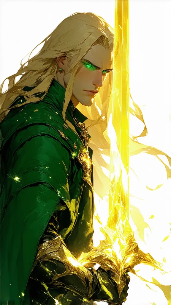 JOVEM VERGIL  (DEVIL MAY CRY)  WITH LONG BLOND HAIR AND AGE APPEARANCE,  freckles on the cheek, GREENISH EYES LIKE EMERALDS AND SPARKLES WITH GREEN RAYS, ELEGANT GREEN GARMENTS  (medieval) In his golden setting.  Use a divine sword with a yellow ray that h...