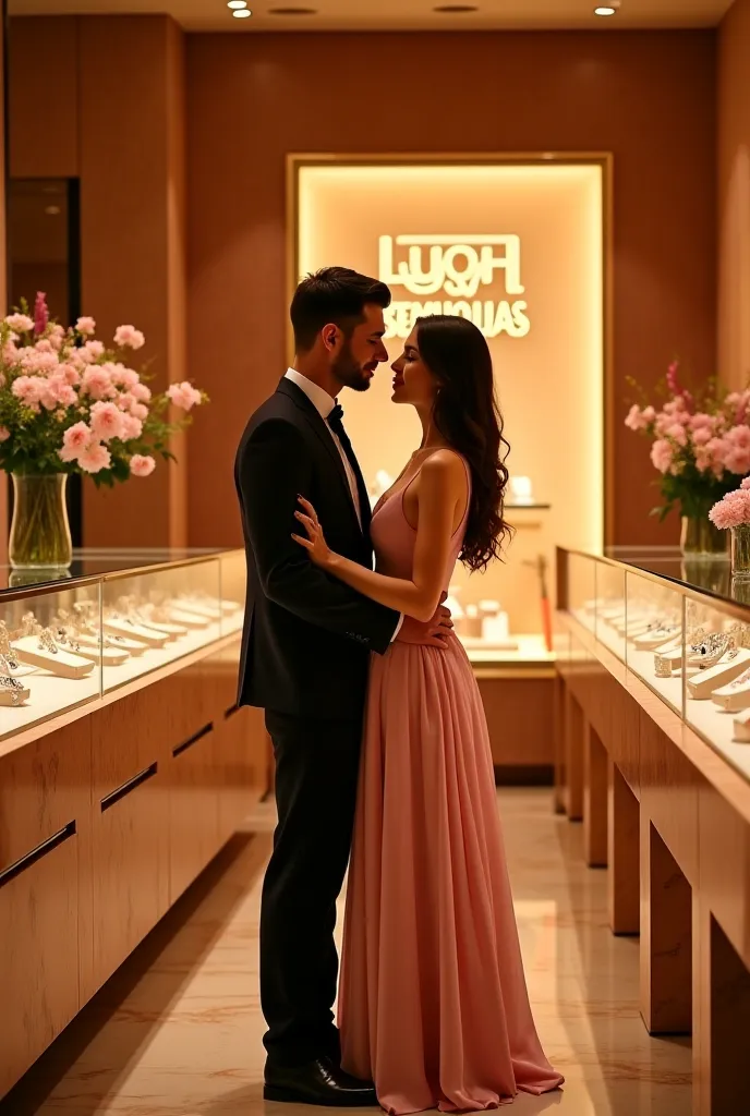 A romantic and sophisticated Valentine's Day scene featuring elegantly dressed couples in a luxurious jewelry store. The atmosphere is warm and intimate, with soft golden lighting reflecting off the polished glass showcases filled with exquisite semi-jewel...