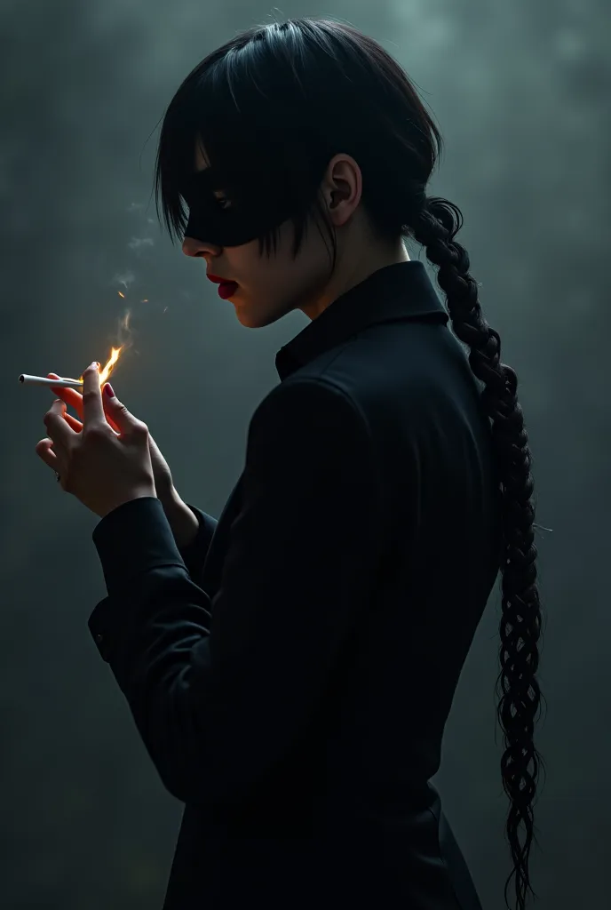 Create a character with short black hair and a black blindfold and has a cigarette in his hands and a 2-meter braid with a long blade 