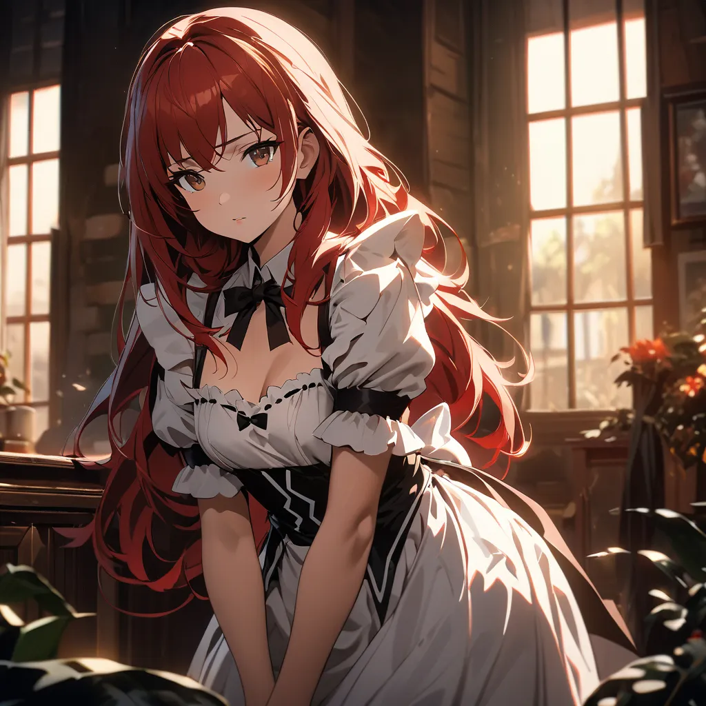 maid uniform, long hair, red hair, adult, submissive look, brown eyes, looking at you