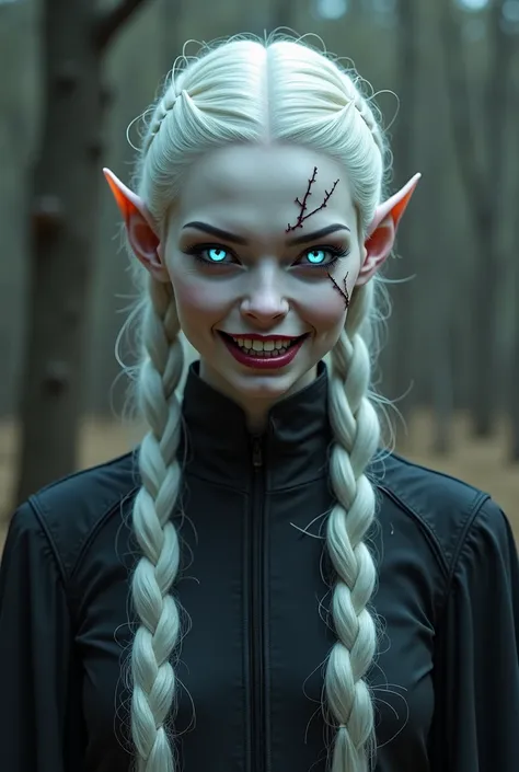 Creepy Elven woman with white hair, tied in ribbons, glowing blue eyes, dressed in black simple clothing, scar, very wide evil smile on her face