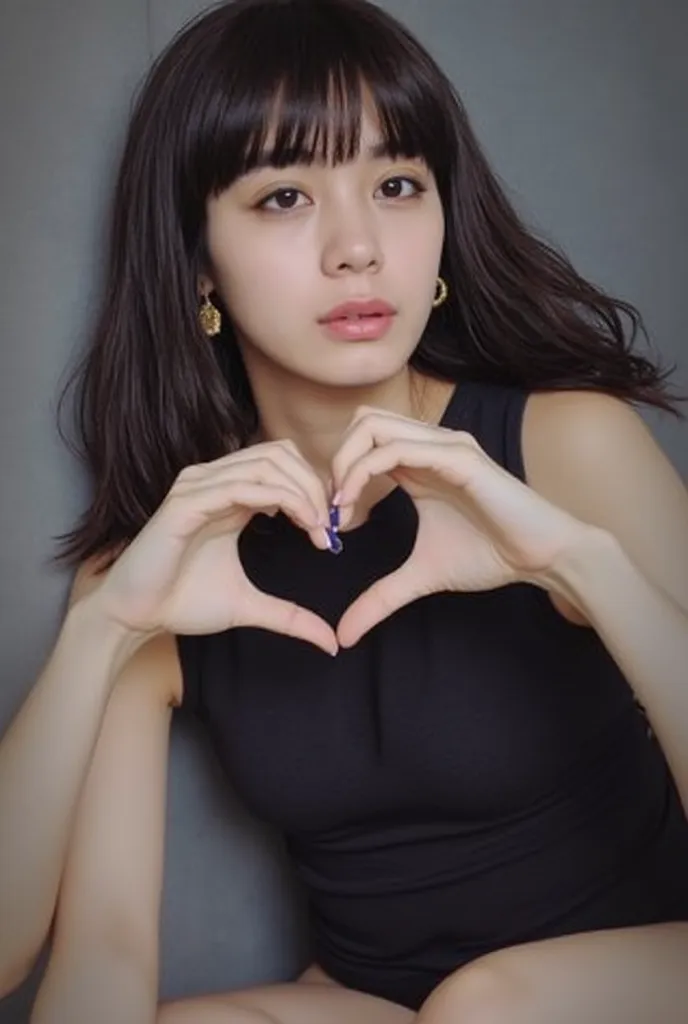  1 woman with a cute smile、I'm wearing sexy clothes ,  Making a big heart with both hands , Hold it in front of your chest , View above the collarbone、  has a monotone background , nice breasts shape , 

