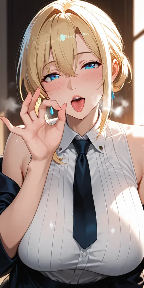 Masterpiece, very aesthetic, vibrant, high contrast, high resolution, ultra detailed, elegant mature woman, curvaceous, blonde hair, hair between eyes, swept hair, updo hair, blue eyes, upper body, tie, sleeveless collared shirt, off shoulder jacket, fella...
