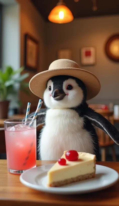 A cute, fluffy baby penguin with bright black eyes sits at a table in a cozy café. It wears a wide-brimmed beige hat, giving it an adventurous and cheerful look. Its tiny wings are slightly raised as if it's excited. In front of it on the wooden table is a...