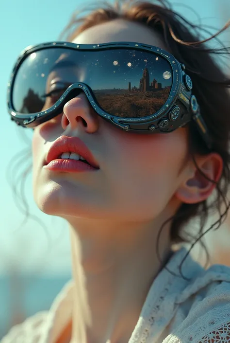 The model is wearing glass sunglasses with stars and the moon on the glass