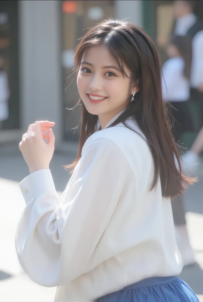 ultra realistic, best quality, 1girl, full body,  white blouse, black hair, long hair, detailed skin, bokeh, blurry background, depth of field, halataion, lens flare, sunny, cinematic lighting, look at viewer, wide shot, smile, blue skirt, in front, imada,...