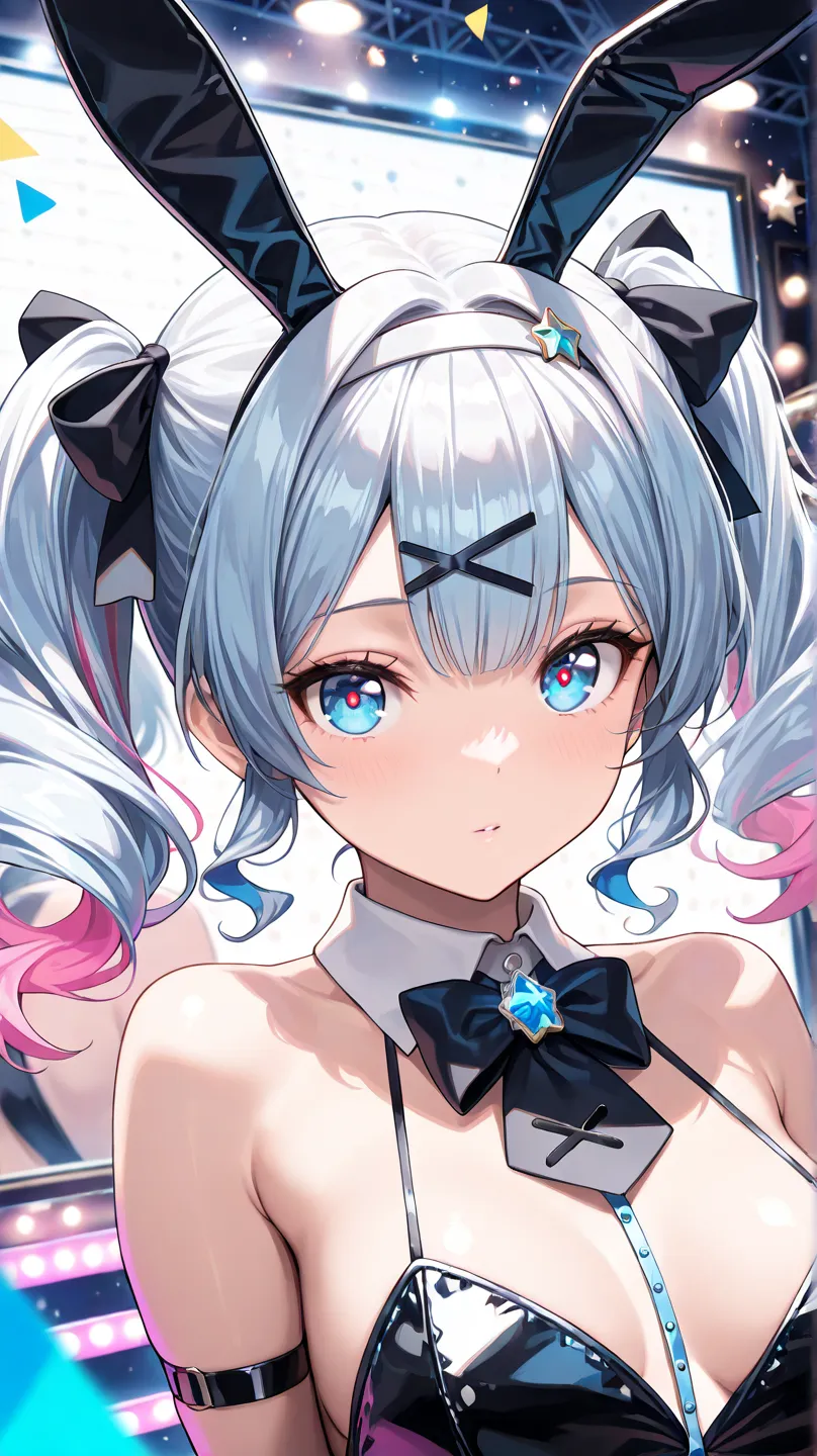 ((detailed eyes)),((correct_anatomy)), soro, rabbithole, blue hair,pink hair,two-tone hair,blue eyes, rabbit ears,playboy bunny,leotard,bare shoulders,ribbon, dancing, very aesthetic, absurdres,ultra detailed, (beautiful eyes, detailed eyes:1.2),(4k,8k,Ult...