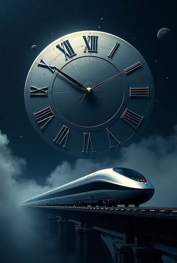 A huge clock with Roman numerals in space, a black modern high-speed train leaves this clock 