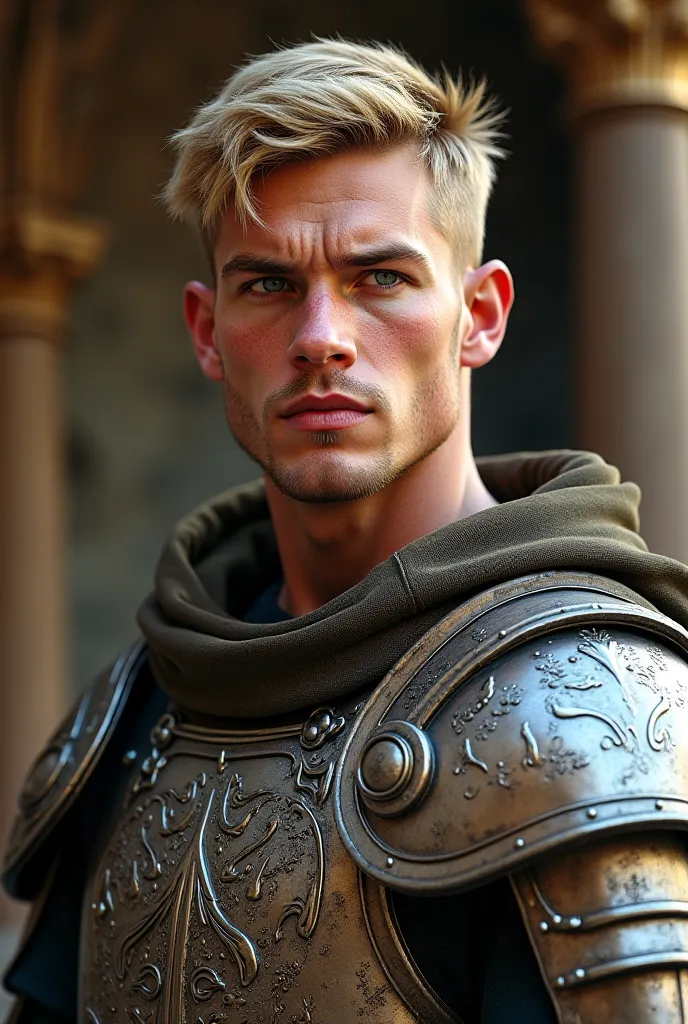 A guy, 30, blonde hair, blue eyes, full lips, wearing an armor, in Byzantium Empire, realistic, portrait, hd 