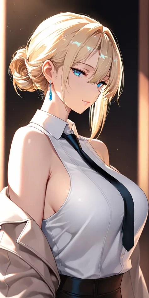 Masterpiece, very aesthetic, vibrant, high contrast, high resolution, ultra detailed, cool and mature woman, elegant, blonde hair, hair between eyes, swept hair, updo hair, blue eyes, upper body, tie, sleeveless collared shirt, off shoulder jacket, side bo...