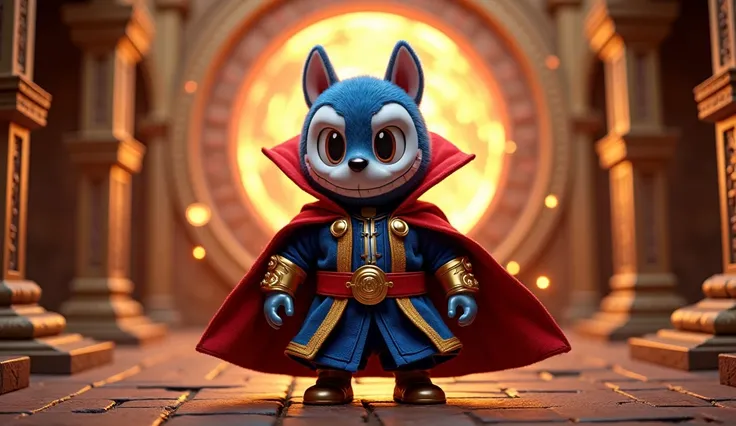 [Prompt: Labubu wearing a Doctor Strange costume, standing front-facing as if about to walk, in a mystical temple with swirling portals in the background, Labubu Style]
