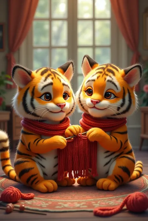 Two animated Tigers knitting a scarf with crochet 