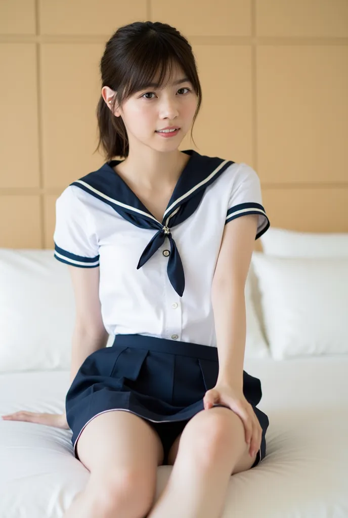 (Masterpiece, Best quality:1.4), (Ultra realistic, Photo-realistic:1.3), (nsfw), (Wearing Sailor suit, White short sleeve:1.2), (Dark navy skirt:1.2), (Wearing white sock), (medium breasts), Natural light, 20 years old actor, Japanese woman, Neat and clean...