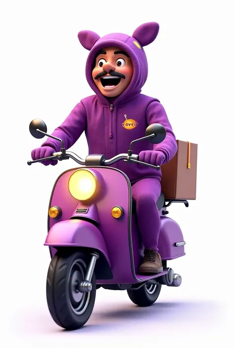 Um motoboy, Açaí deliveryman, Happy on your motorcycle, wearing purple costumes on a white background.