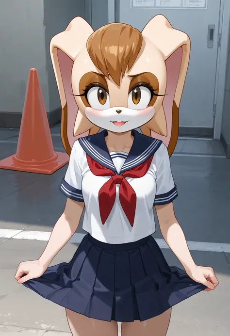 the game is an upcoming anime sex scene from the creator of fate zero, 1girl, solo, school uniform, skirt, traffic cone, serafuku  Vanilla The Rabbit,