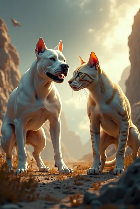 Here's an ultra realistic prompt to generate that intense scene:

"A fierce white pitbull, with shiny coat and defined muscles, intently faces an imposing Egyptian cat. The pit bull is in an aggressive posture, with its teeth and the paws firmly planted on...