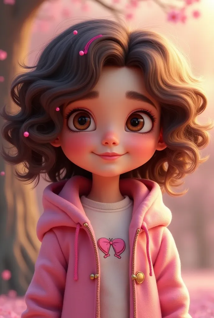 Create pink skin color character from Disney Pixar, A short  with big curly brown hair and pink highlights , With a cute little face wearing a pink coat and a hoodie