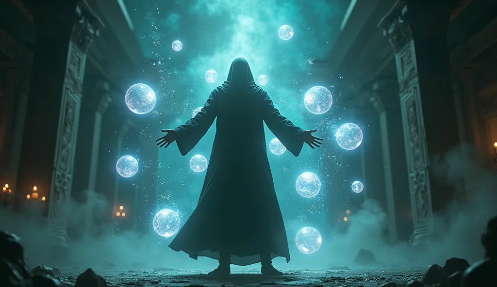 A person with outstretched hands, controlling spheres of glowing energy that float in the air.  The environment is dark , with luminous particles surrounding.