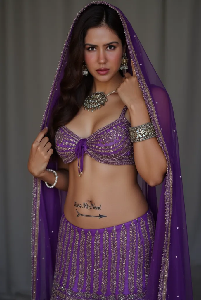 (masterpiece, best quality:1.2), She is draped in a low waist amethyst colour lehenga with delicate gold embroidery, giving her an ethereal, moonlit glow. fully exposing her deep navel and slim waistline. A thin pearl waist chain (kamarbandh) rests against...