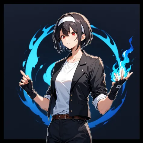  1 girl、 black hair、shortcut from elbow to hand、red eyes、 dark skin、 the ((BLACK JACKET WITH ROLLED UP SLEEVES))、 fingerless gloves 、white t-shirt、(white headband))、black pants、 white shoes 、 brown belt、Gaze、 glare、 pyrokinesis、 blue flame、GREEN FLAME SOFT...