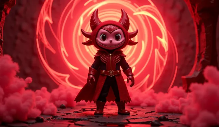 [Prompt: Labubu wearing a Scarlet Witch costume, standing front-facing as if about to walk, amidst swirling crimson energy in a mystical realm, Labubu Style]
