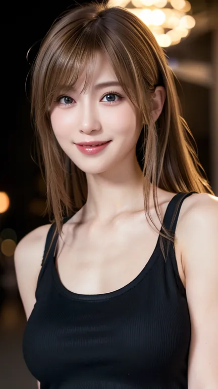 1 japanese girl,(black tank top:1.4), ( RAW photos , Highest quality), (realistic, Photorealistic:1.4), masterpiece, Extremely Delicate and Beautiful, very detailed,  8k, amazing,   fine details, very detailedなCGユニティ, high definition, Soft light,   A 19 Ye...