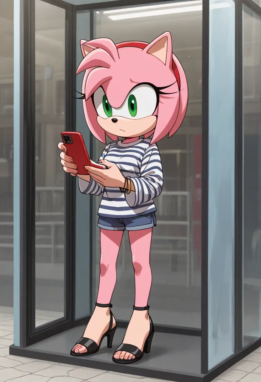 an animated character wearing short shorts moving towards a phone in a phone booth, 1girl, striped shirt, solo, skirt, high heels, shirt, striped Amy Rose (Sonic X)