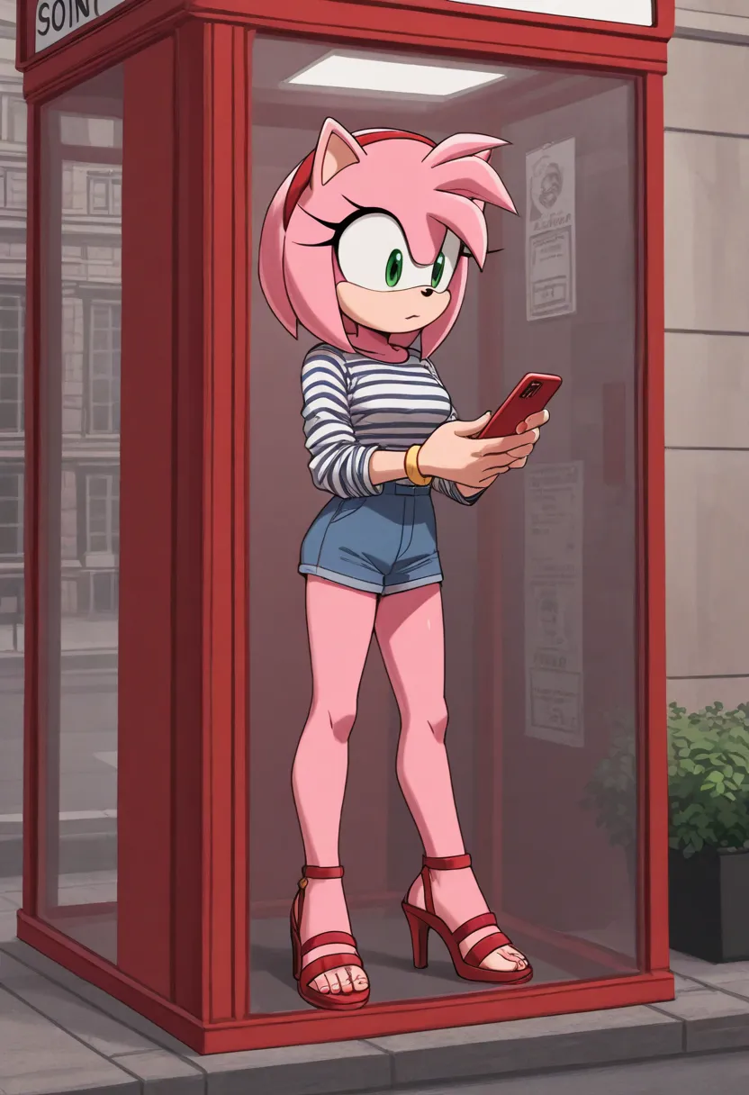 an animated character wearing short shorts moving towards a phone in a phone booth, 1girl, striped shirt, solo, skirt, high heels, shirt, striped Amy Rose (Sonic X)