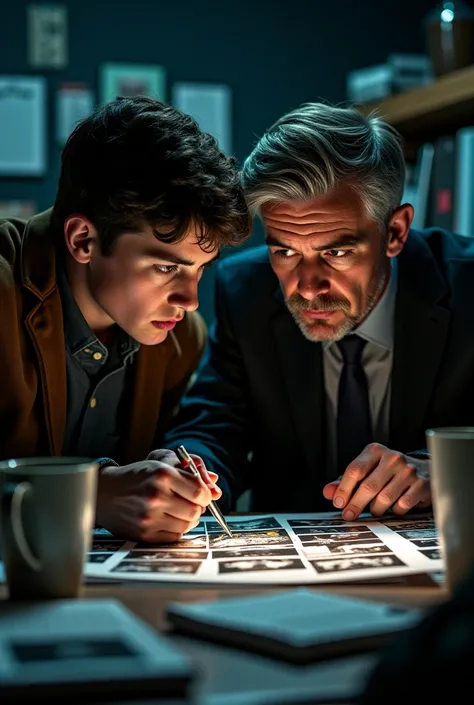 Young detective and a 30-year-old detective analyzing some photos 