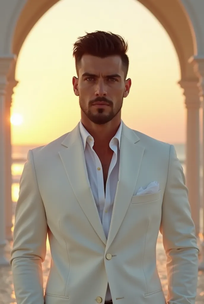 white-eyed blue-eyed man with short black hair and a thin black beard with a mysterious appearance and an athletic stance wearing a white suit and white blouse Party room in shades of white with an altar in shades of gold and surrounding it with transparen...