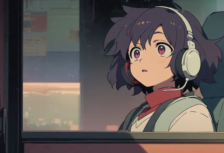 Lofi anime boy with headphones looking out the window 