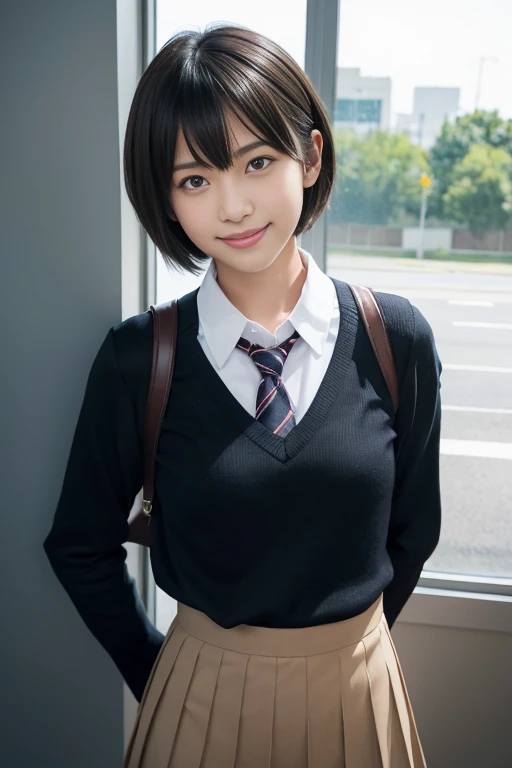 Makoto Shinkai, You are here.,  1 girl, bangs,     black hair, ,  brown eyes,    shiny skin with y on it,  ,  collared shirt ,  neck strap ,  pantyhose, school uniform、Wear a pleated skirt 、    Viewer  ,   short hair,  cute, smile,   open your mouth , alon...